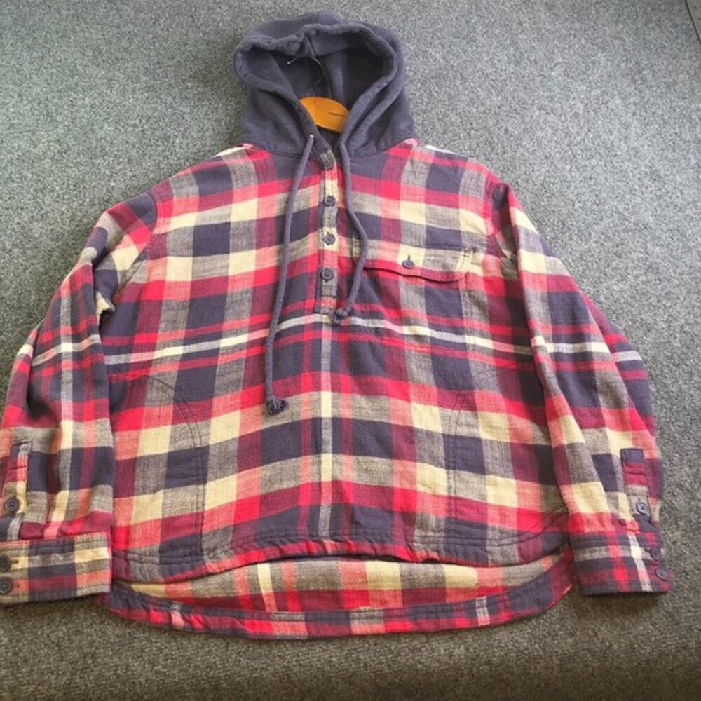 American Eagle Outfitters Flannel Shirt Womens Small Red Blue Plaid Hooded